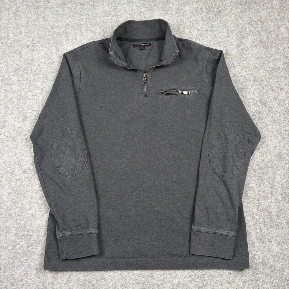 Banana Republic Quarter Zip Pullover Mens Large‎ Gray Elbow Patch Chest Pocket